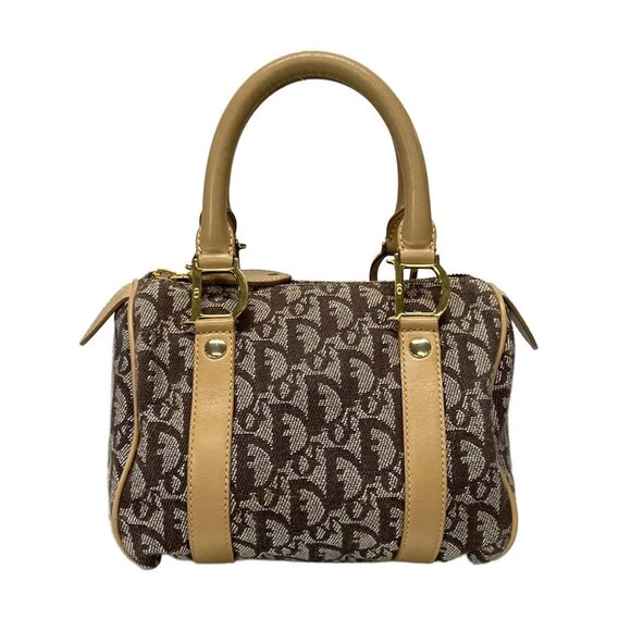 Auth DIOR/ChristianDior Trotteur Cream Dark Brown Beige Jacquard Leather Handbag - Picture 1 of 16